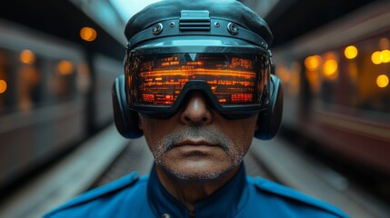 Leinwandbilder - A professional oversees a busy urban transit hub, wearing advanced surveillance glasses that boost visibility and scanning abilities.