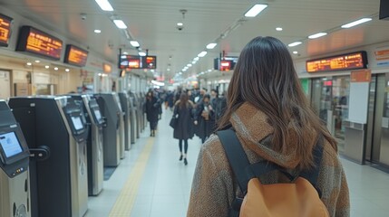Leinwandbilder - Commuters move through a bustling transportation station featuring automated ticket machines and monitors displaying train information during peak travel time.