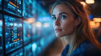 Leinwandbilder - A professional observes various data displays while monitoring logistics and mobility systems, ensuring security and efficiency during an active checkpoint inspection process.