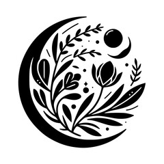 celestial botanical illustration: a black and white floral design enclosed within a crescent moon, f