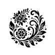© MatandSterre - Intricate Black and White Floral Mandala Design Featuring Two Detailed Flowers, Delicate Leaves, Swirls, and Small Circular Dots, All Arranged in a Symmetrical Circular Pattern on a Clean White Backgr