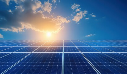 Vast solar panel array under a vibrant sunset sky.  Clean energy, renewable resources, and sustainable technology concept.
