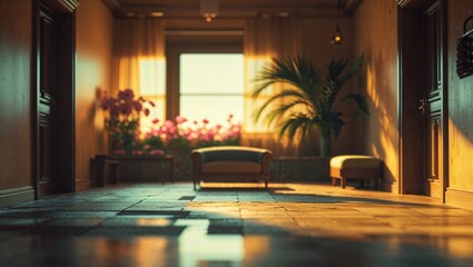 Wall Mural - warm sunlight filters through a cozy hallway adorned with lush plants and elegant furniture in a ser