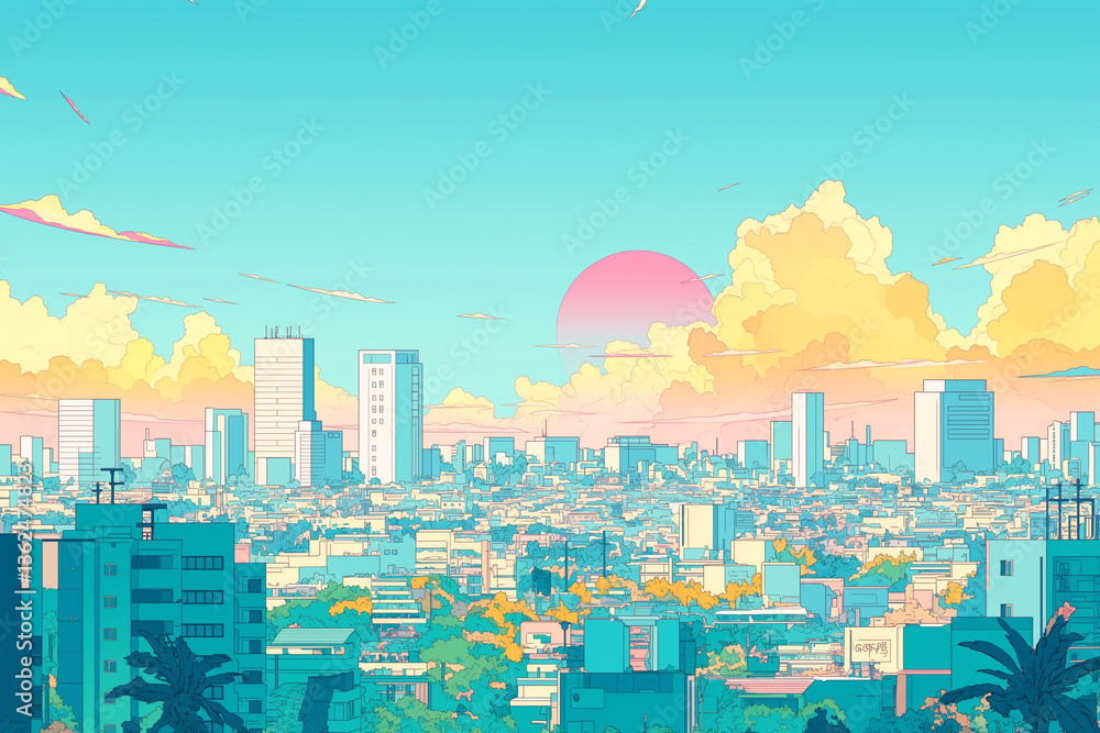 飛行機雲が印象的な80年代レトロポップ都市風景・夕暮れの美しい