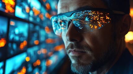 Aufkleber - A person wearing smart glasses examines multiple screens displaying logistics and transportation data in a high tech monitoring environment at twilight.