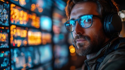 Aufkleber - A professional is focused on monitoring transportation systems at a control center, utilizing sophisticated technology for logistics, surveillance, and security.