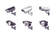 © Roman - Minimal Security CC Camera Set Silhouette Vector Illustration featuring modern surveillance camera icons in clean, simple black shapes perfect for security systems, apps, signage, or infographics.