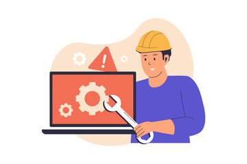 Wall Mural - Laptop Repair and Maintenance Service Illustration. Illustrations for websites, landing pages, mobile apps, posters and banners