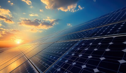 Vast solar panel array at sunset. Clean energy, sustainable technology, and renewable resources in a beautiful landscape.