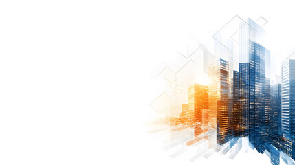 Fototapete - A digital illustration of a modern city skyline at sunset, featuring high-rise buildings with geometric lines and a gradient of orange and blue hues