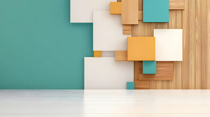 Fototapete - A modern, abstract wall design featuring colorful geometric shapes in teal, white, and wood tones, creating a stylish backdrop