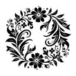 © MatandSterre - Intricate Black Floral Wreath: A symmetrical arrangement of stylized leaves, petals, and decorative flourishes creating a circular monochrome design on a white background.