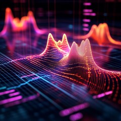 Poster - Data Visualization: Abstract Glowing Waveform on a Dark Grid Background with Futuristic Visual Effects