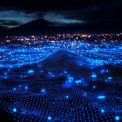 Poster - Futuristic Landscape: Blue Data Grid over Night Cityscape, Connecting Networks in a Digital World