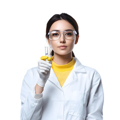 Wall Mural - portrait of female chemist holding test tubes with liquid samples in a lab coat, safety goggles, and