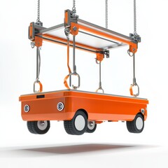 Poster - Orange Delivery Robot Hanging from Chains, Automated Transport System, Futuristic Mobility Solution