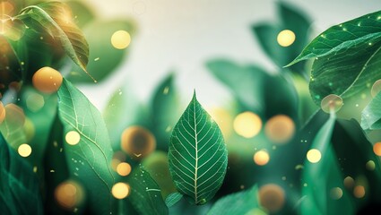 Wall Mural - close-up view of vibrant green leaves with soft glowing lights at a serene garden during springtime