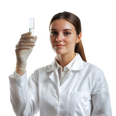 Wall Mural - young female researcher in lab coat holding a test tube with liquid, conducting scientific research 