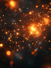 Wall Mural - Glowing interconnected network with orange light particles, bokeh