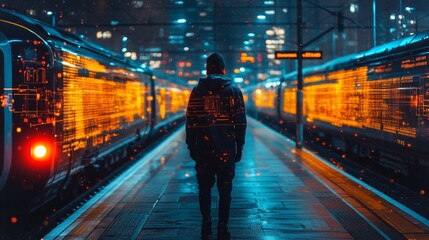 Leinwandbilder - A person stands between two glowing trains at a busy railway station at night, surrounded by a digital interface showcasing transportation data and monitoring insights.