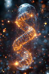 Wall Mural - Glowing spiral inside clear capsule with bokeh lights, dark blue background