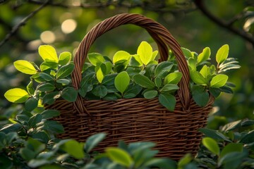 Fototapete - Freshly picked green leaves in a wooden basket surrounded by lush greenery during golden hour in a serene garden setting