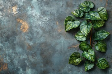 Poster - Vibrant green heart-shaped leaves arranged on a textured gray background in a natural decor setting