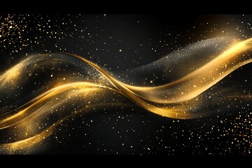 Fototapete - Golden wave of light and sparkles creates an elegant abstract design on a dark background