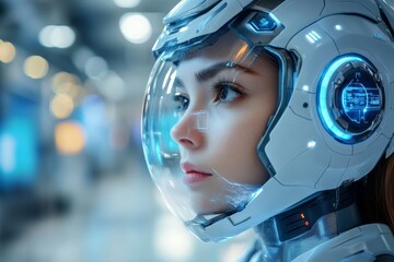 Poster - Futuristic astronaut with advanced helmet technology in a modern space station environment