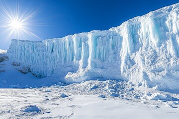 Aufkleber - Snow-covered ice formation under bright sunlight near a glacier in a cold mountainous area