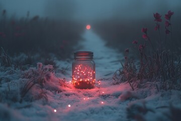 Aufkleber - Soft glow of fairy lights in a misty winter landscape at dawn on a serene path