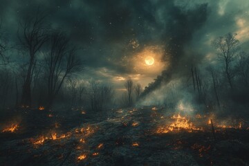 Poster - Wildfire engulfing forest landscape under a cloudy night sky with a glowing full moon