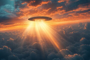 Poster - Unidentified flying object descends through glowing clouds at sunset over a tranquil landscape