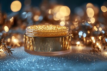 Aufkleber - Shimmering gold skincare product on a sparkling surface with festive lights during the holiday season