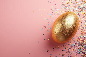 Poster - Golden egg surrounded by colorful confetti on a soft pink surface during a festive celebration