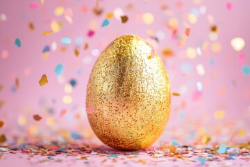 Poster - Golden egg surrounded by colorful confetti celebrates spring festivities and joy in a vibrant setting
