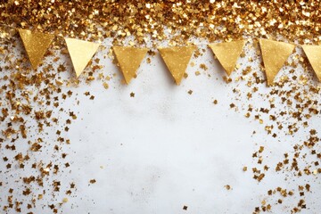 Poster - Golden glitter backdrop with festive bunting and scattered confetti perfect for celebrations
