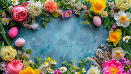 Poster - Colorful floral arrangement with Easter eggs on a blue textured background