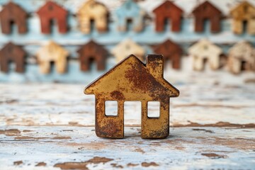 Aufkleber - Vintage metal house decoration on rustic wooden surface with colorful miniature houses in background