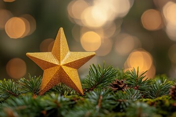 Aufkleber - Golden star decoration atop pine branches with soft blurred holiday lights in the background