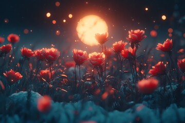 Aufkleber - Captivating sunset illuminates vibrant flowers in an enchanting garden setting during twilight