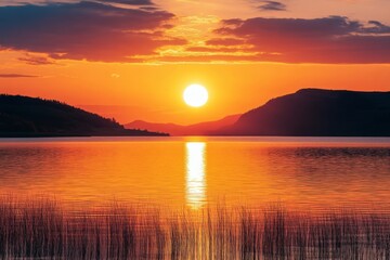Poster - Stunning sunset over the lake with mountains in the background illuminating the sky with warm colors