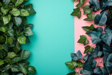 Aufkleber - Vibrant greenery decorating a pastel background with lush leaves in shades of green and pink during daylight