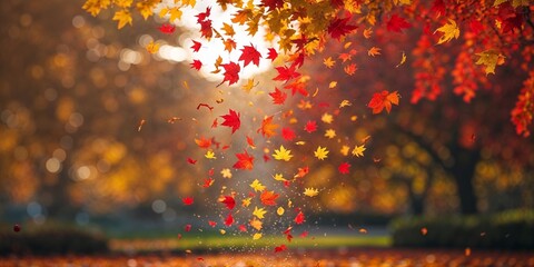 Wall Mural - colorful autumn leaves falling gently in a serene park during golden hour