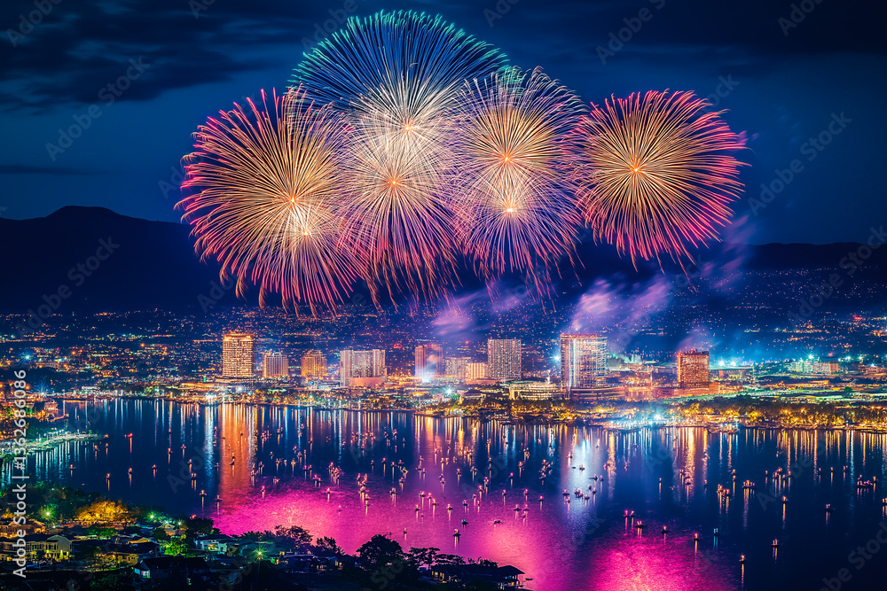 夜空に打ち上った花火が海の水面に反射している風景。背景は美しい夜景