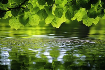 Poster - Lush green leaves reflect on the tranquil water surface during a sunny afternoon near the serene lakeside