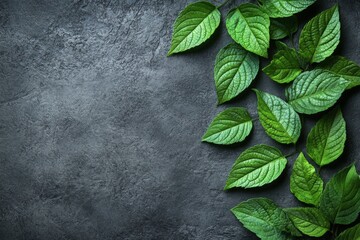 Aufkleber - Fresh green leaves arranged creatively on a dark textured surface provide a natural aesthetic