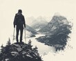 © pahlawan - Hiker Standing on a Mountain Peak Overlooking a Serene Valley Landscape