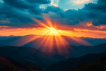 Poster - Beautiful sunrise over mountain range with vibrant colors and dramatic clouds at dawn