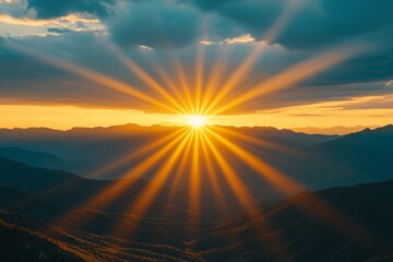 Poster - Sunrise over mountains creates stunning rays of light in the early morning sky